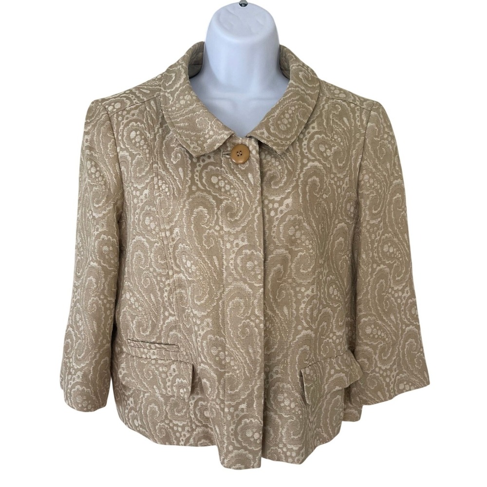 Talbots Womens 14P Gold Metallic Jacquard Evening Blazer Jacket 3/4 Sleeve